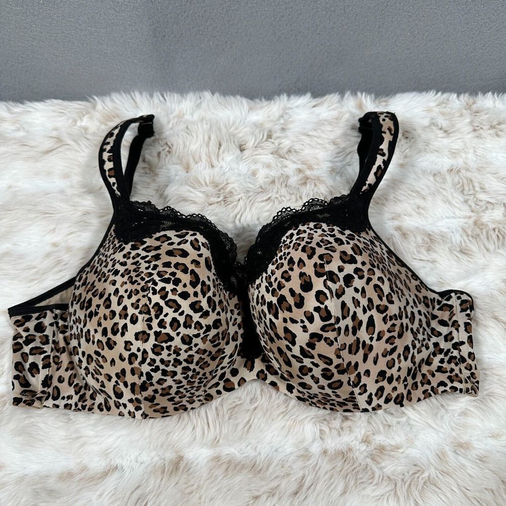 Cacique Full‎ Coverage Leopard Print Black Lace Trim Bra Size 46C
